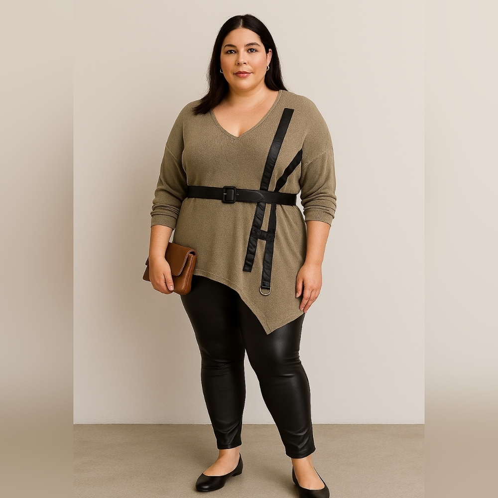 Taupe Knit Tunic with Black Trim Detail